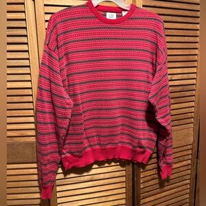GAP Red, Gray, Black and White Black Striped Patterned Crewneck Sweater